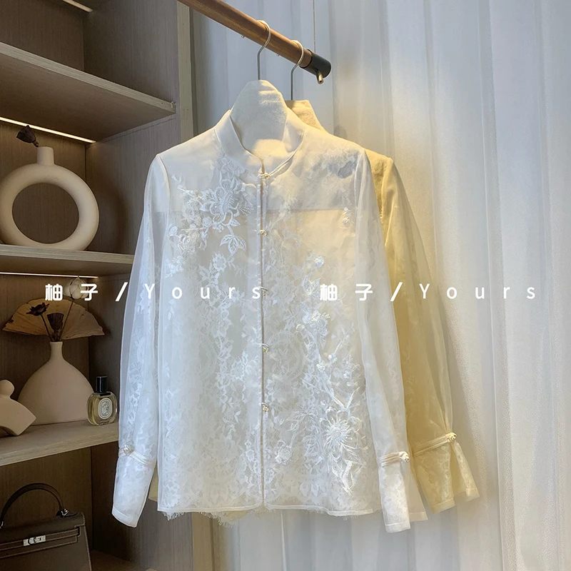 柚子yours【悦芳华】春季100桑蚕丝欧根纱蕾丝双层设计国风衬衫女