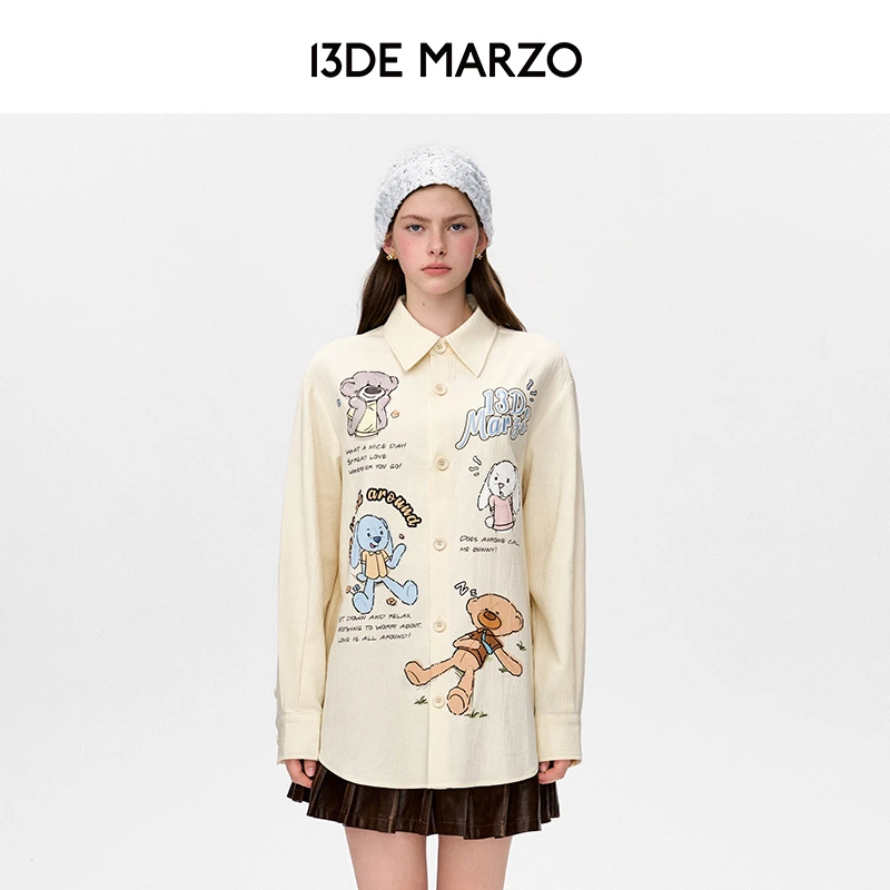 13DE MARZO男女同款 25春夏新款彩色涂鸦插画衬衫时尚中长款外套