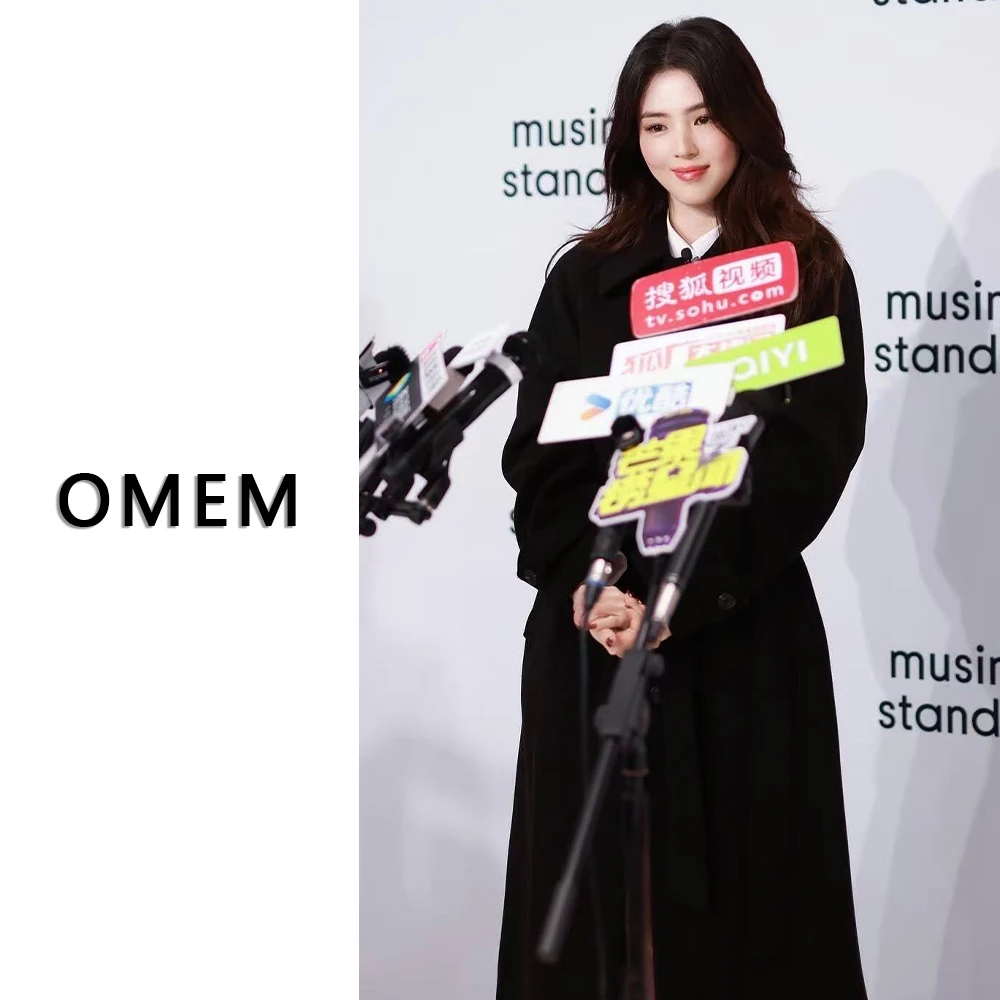 OMEM【100%羊毛】韩素希同款黑色毛呢大衣系带修身显瘦毛呢外套