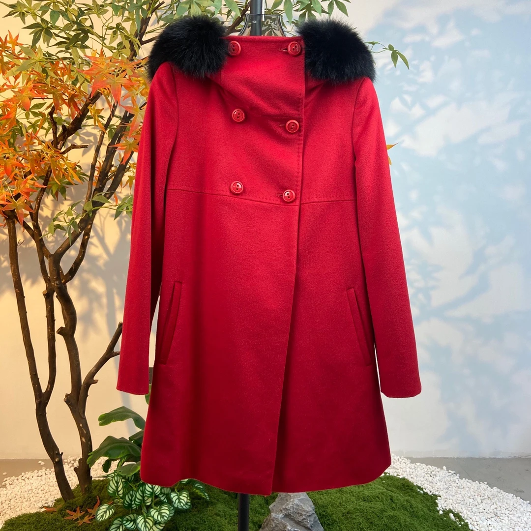 99新 MaxMara 250939/38码/纯色连帽毛领双排扣大衣