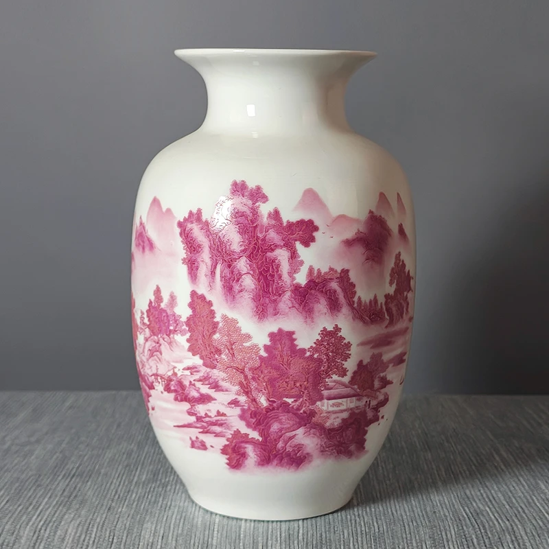 景德镇陶瓷器元釉里红夜光山川秀色花瓶摆件客厅办公室景德镇花瓶