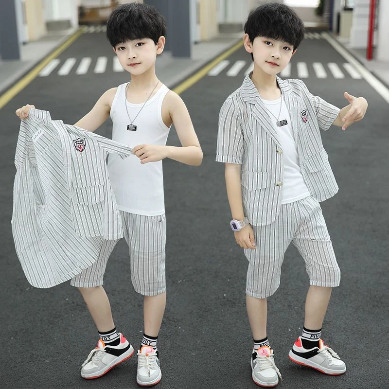 男童夏季小西服套装2025年新款条纹短袖儿童薄款洋气西装三件套潮