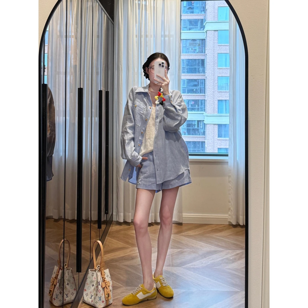 夏季高级感欧若风浅蓝色防晒长袖衬衫内搭吊带短裤韩版三件套女