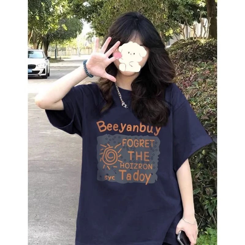 复古蓝色短袖t恤女潮牌夏季宽松2025新款爆款中长款设计遮臀上衣