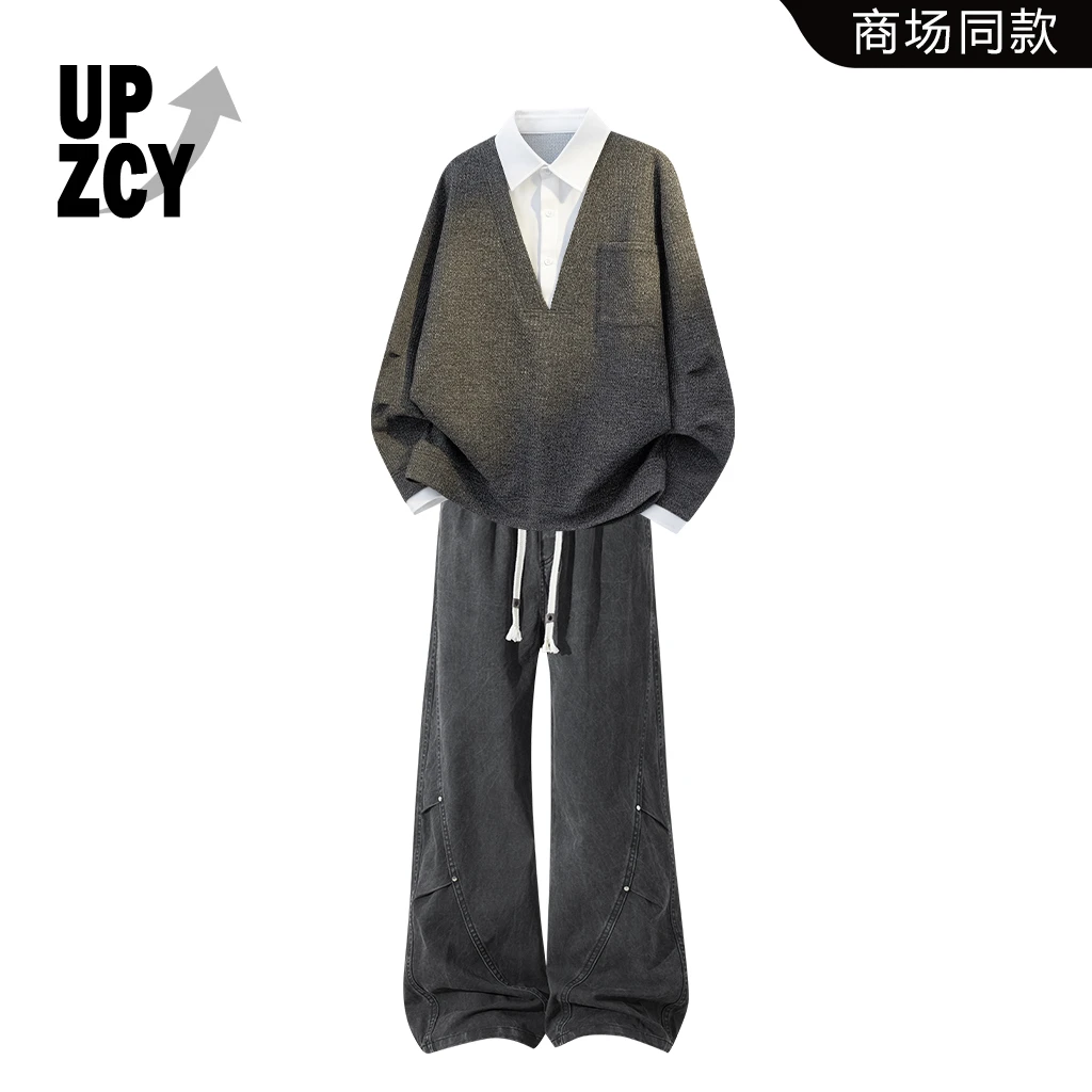 UPZCY美式街头文艺复古风假两件卫衣套装男士秋冬新款阔腿休闲裤