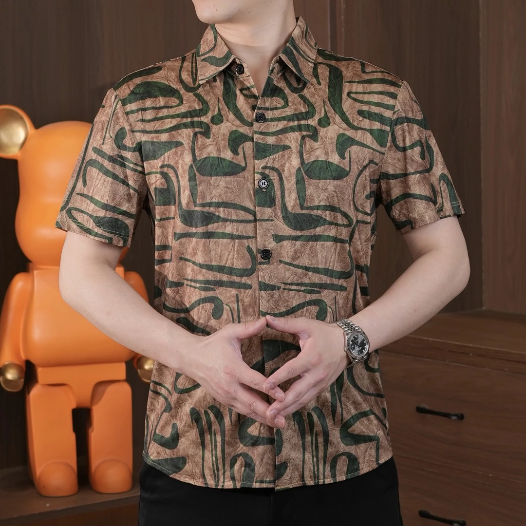 2025夏季新款衬衫男士衬衣时尚薄款帅气印花印花翻领韩版