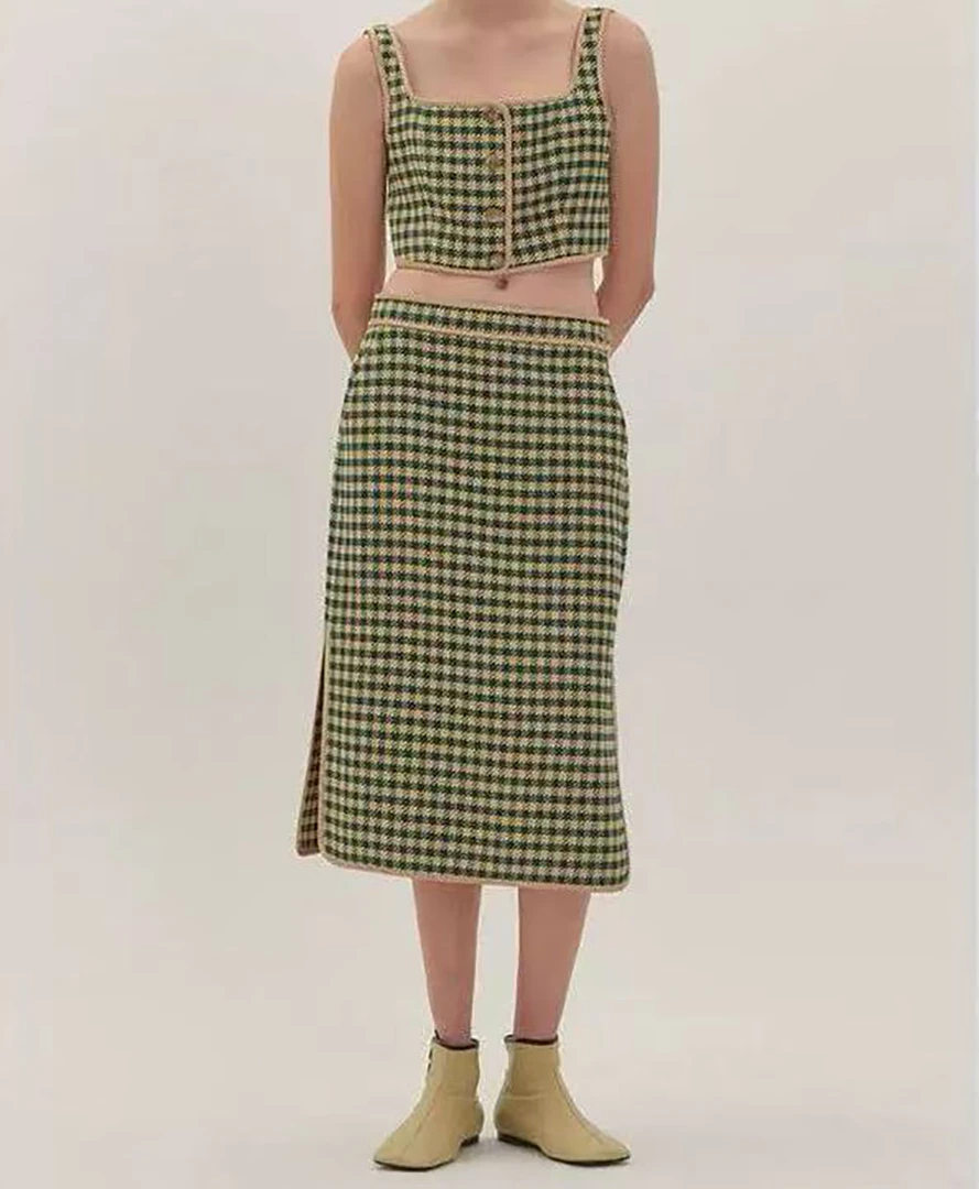 2621 文艺长步包臀格子半身裙气质时尚