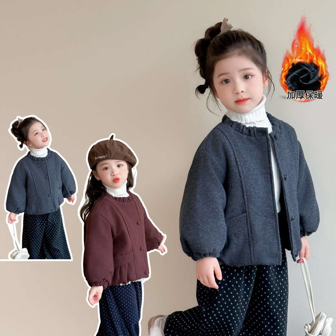 韩版女童洋气呢子飞边领加厚外套2025新款儿童冬装女宝宝时尚衣服