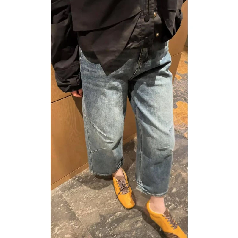 艾塔莉阔腿裤牛仔裤女春季新款胖mm直筒裤大码宽松九分裤裤小个子