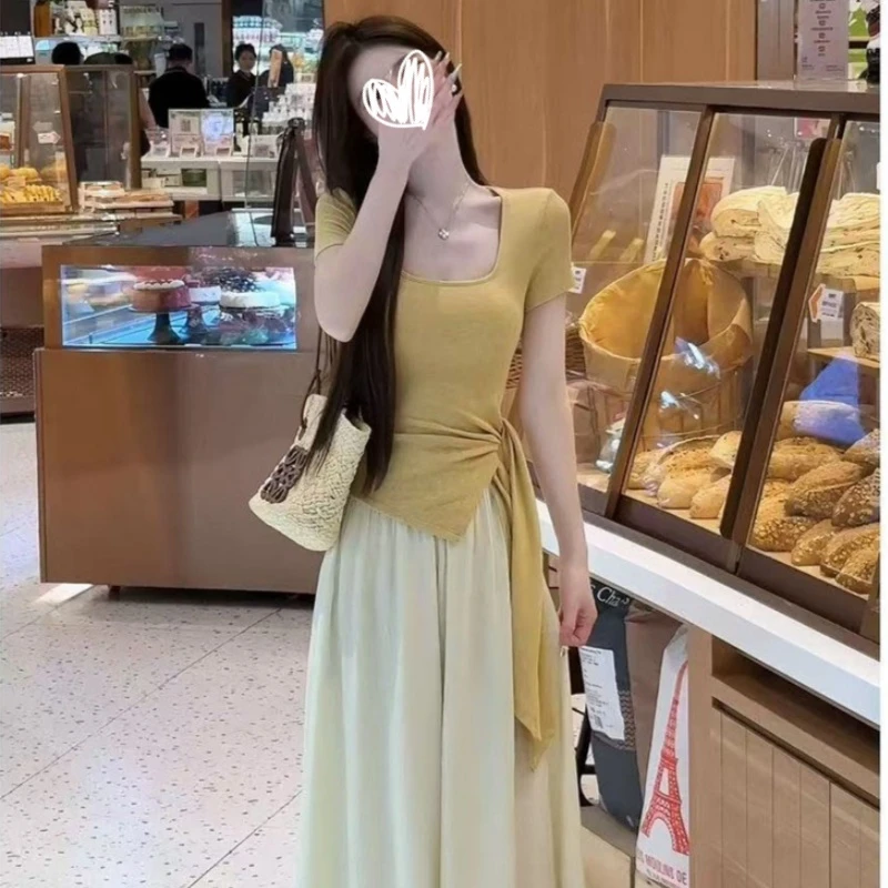 艺等2025年夏季新款法式不规则绑带修身显瘦纯欲方领设计感女上衣