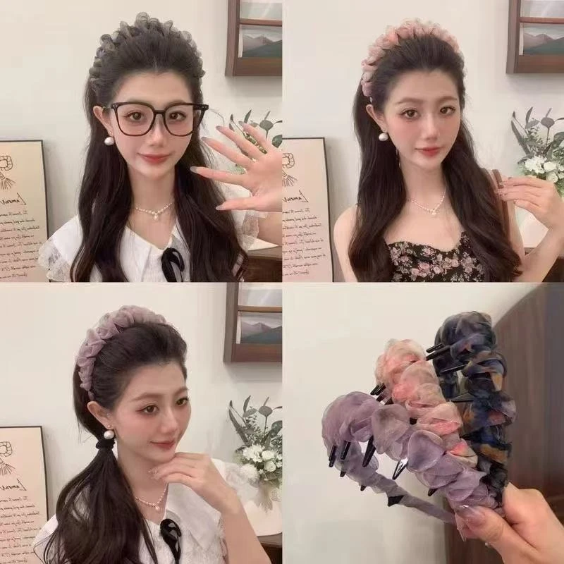 【炫彩渐变】超仙褶皱网纱波浪发箍女夏季带齿防滑高颅顶头箍发饰