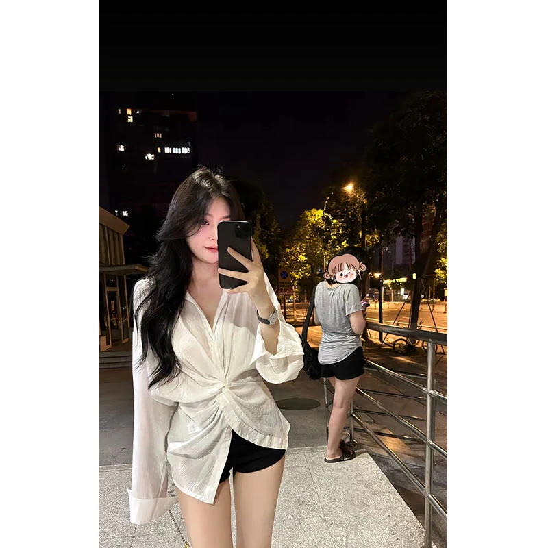 法式高级感气质长袖衬衫女2025早秋新款修身显瘦上衣配短裤两件套