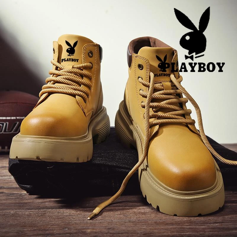 花花公子工装靴男春秋新款真皮复古大黄靴子男户外沙漠增高马丁靴
