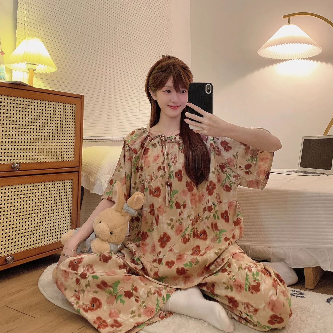 春季小清新短袖蔷薇花印花新款睡衣套装带胸垫家居服可外穿