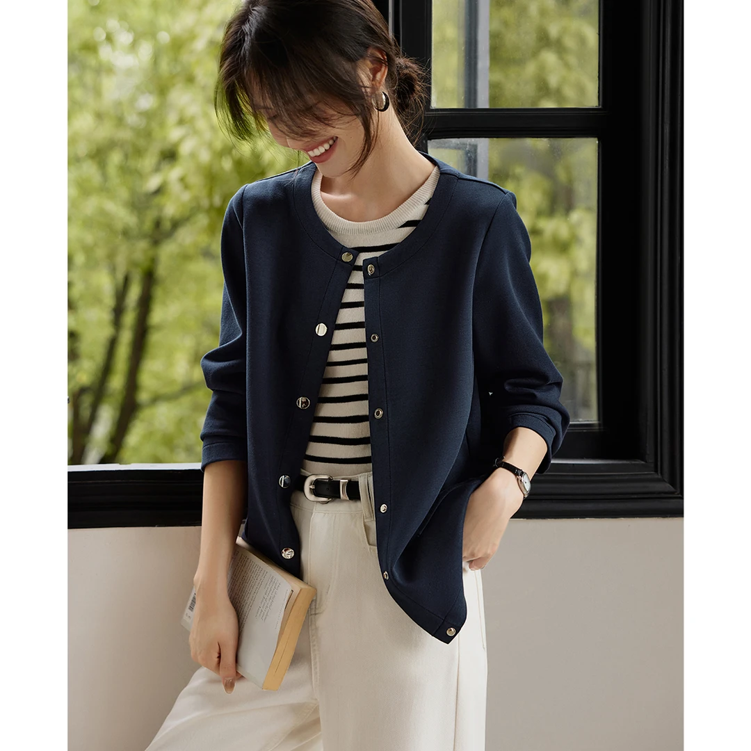 XWI/欣未气质休闲无领外套2025年秋季百搭圆领短款外套女2141