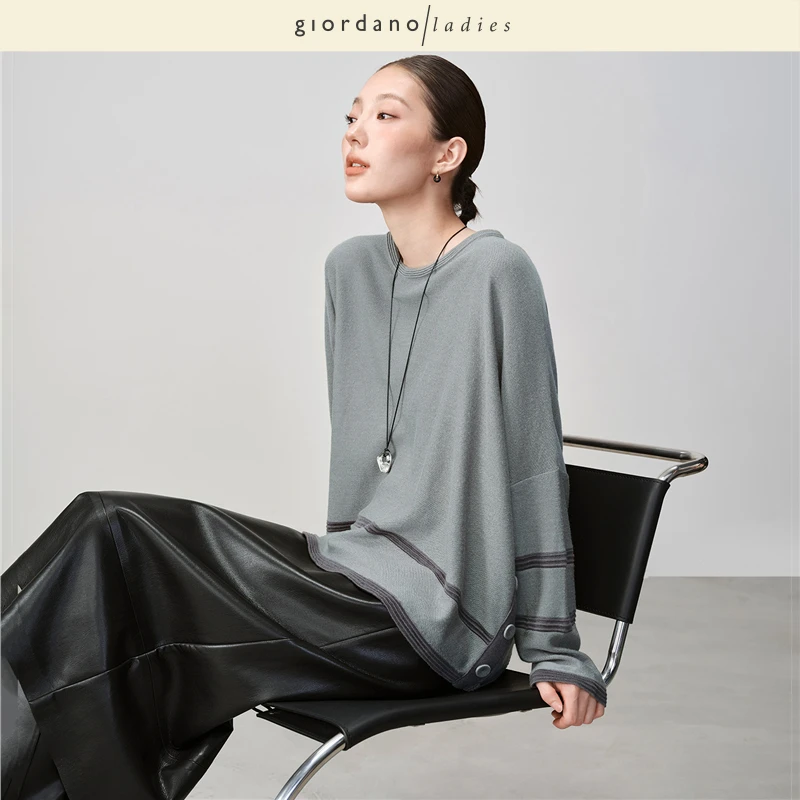 giordano ladies  羊毛撞色圆领落肩宽松套头毛衣 02355506