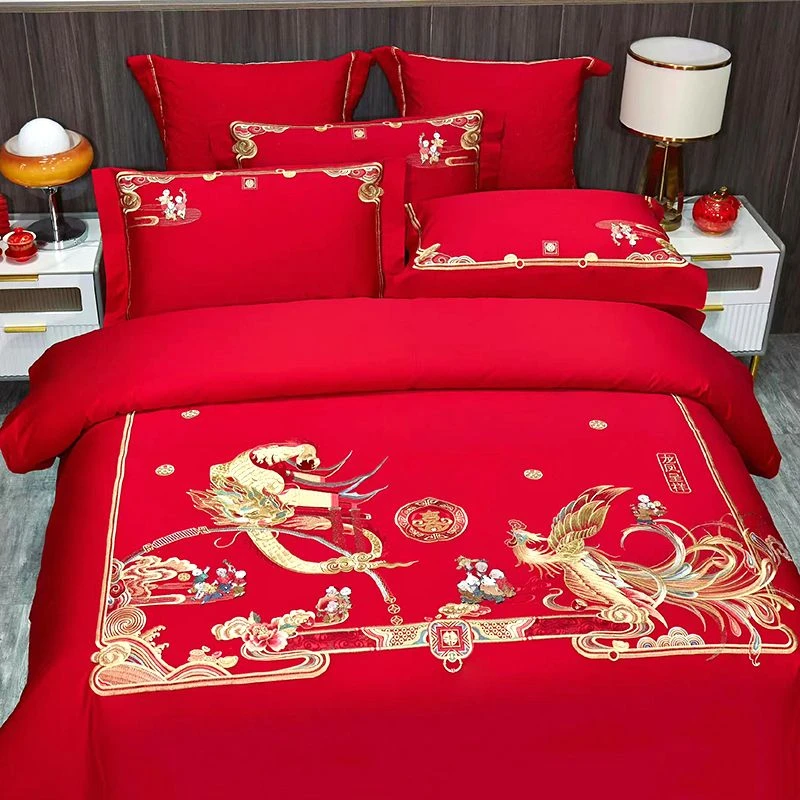全棉婚庆四件套喜庆高档刺绣婚庆绣花结婚房红色结婚用品婚房床品