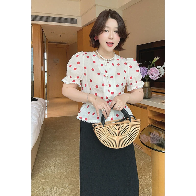 【DIS 现货】【心动樱桃】夏季气质红色波点泡泡袖衬衫Z525C10256