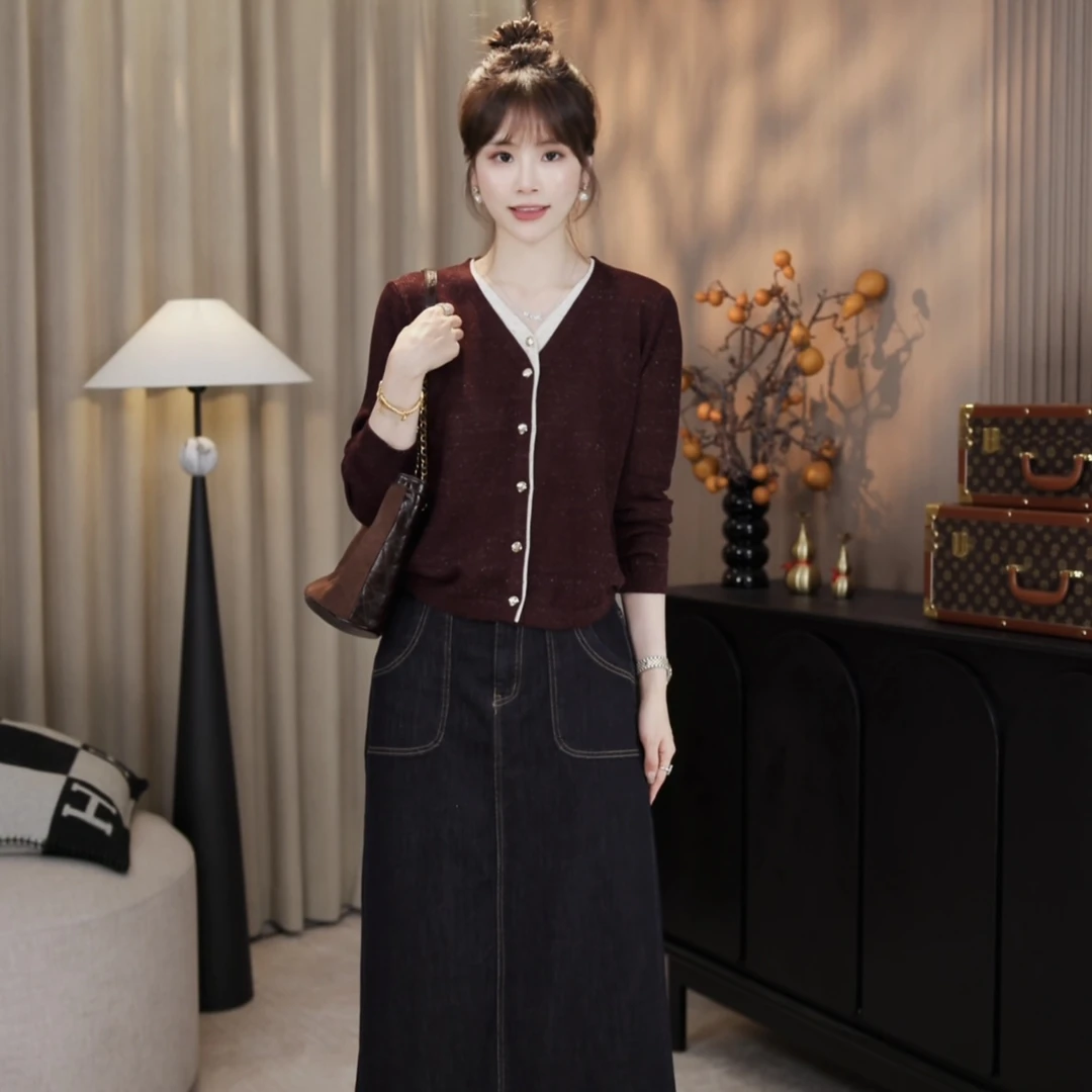 LMENY“假两件点子纱”绵羊毛+亚麻撞色浪漫温柔金扣针织衫25CM009