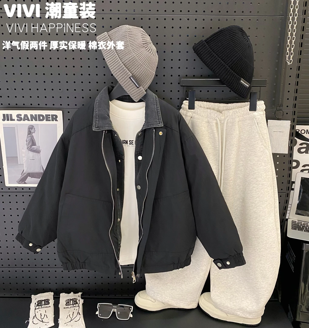 【现货】VIVI童装【美式复古】冬中大童假两件牛仔拼接厚棉衣外套