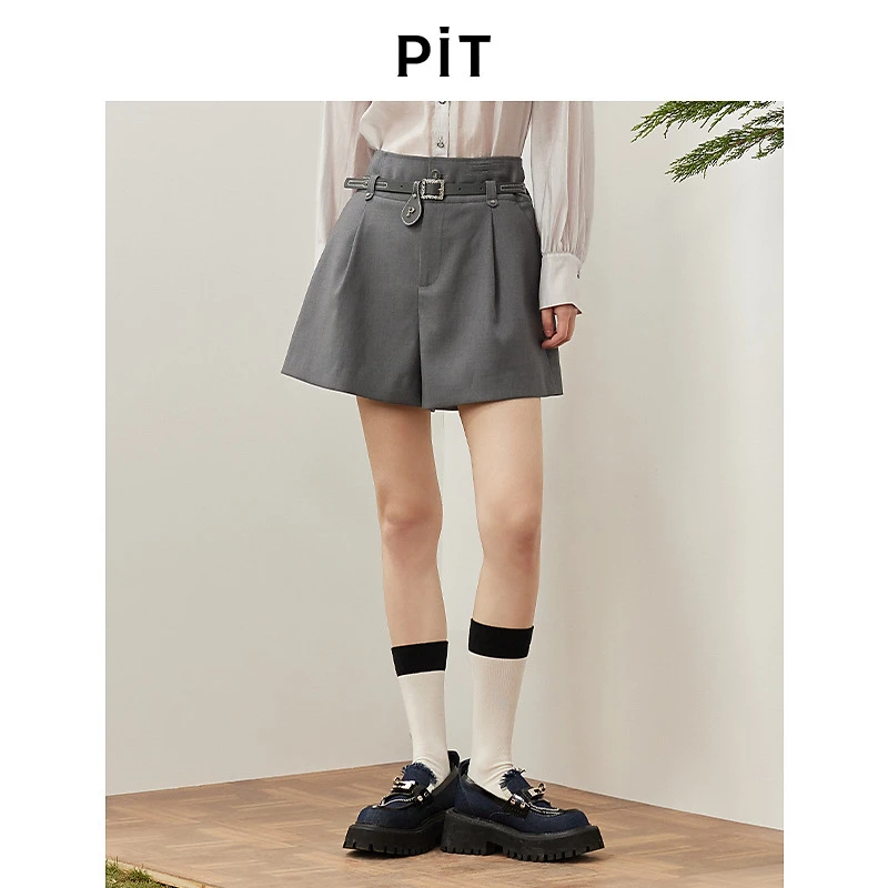 pit复古休闲灰色短裤高腰显瘦女士百搭休闲裤2025春季新款A字裤