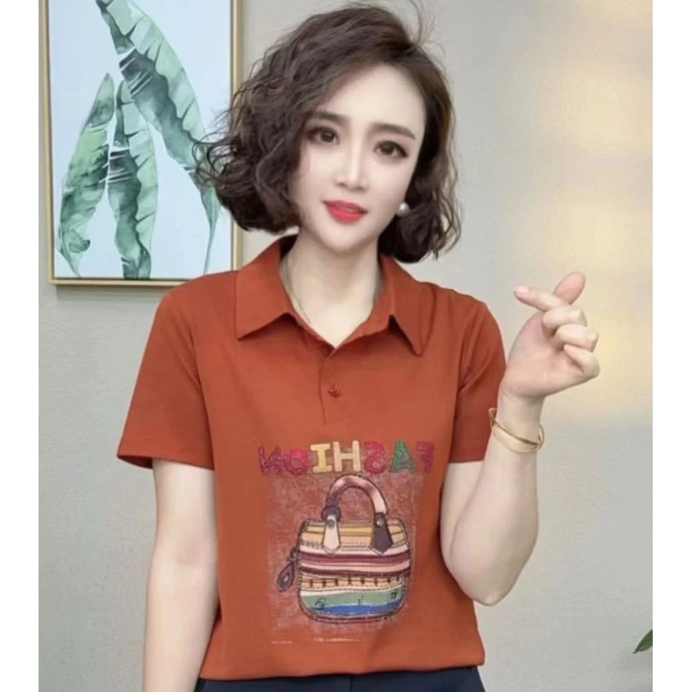 POLO领T恤短款休闲风半袖翻领印花修身法式时尚显瘦大码洋气