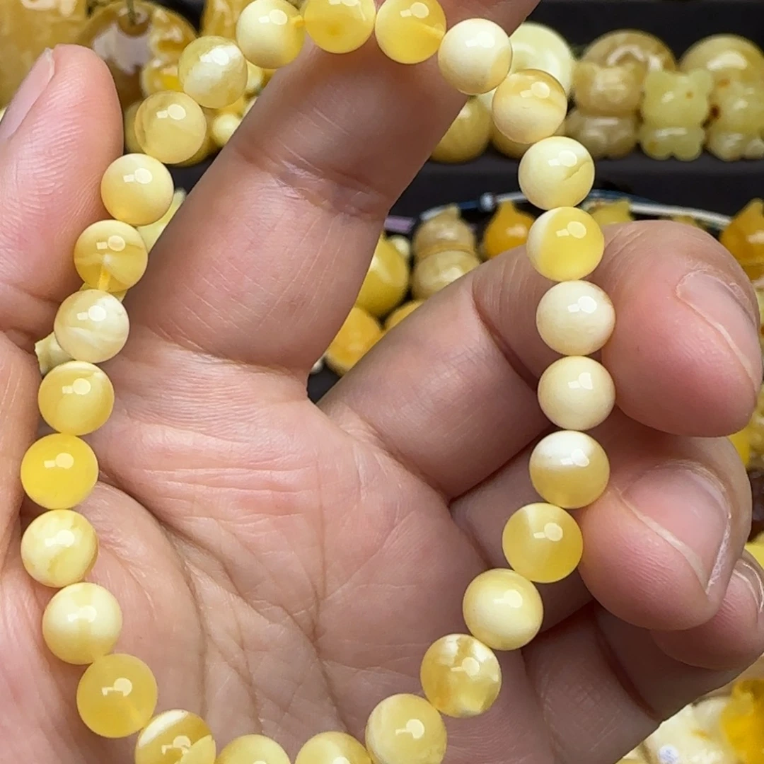 蜜蜡手链未镶嵌天然俄料金白妖花蜜蜡手串