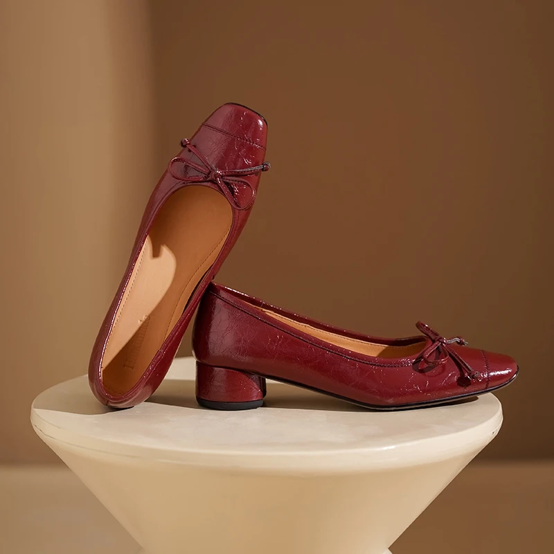 【古睿】气质时尚爆款蝴蝶结羊油皮方头3公分粗跟春夏流行浅口单鞋
