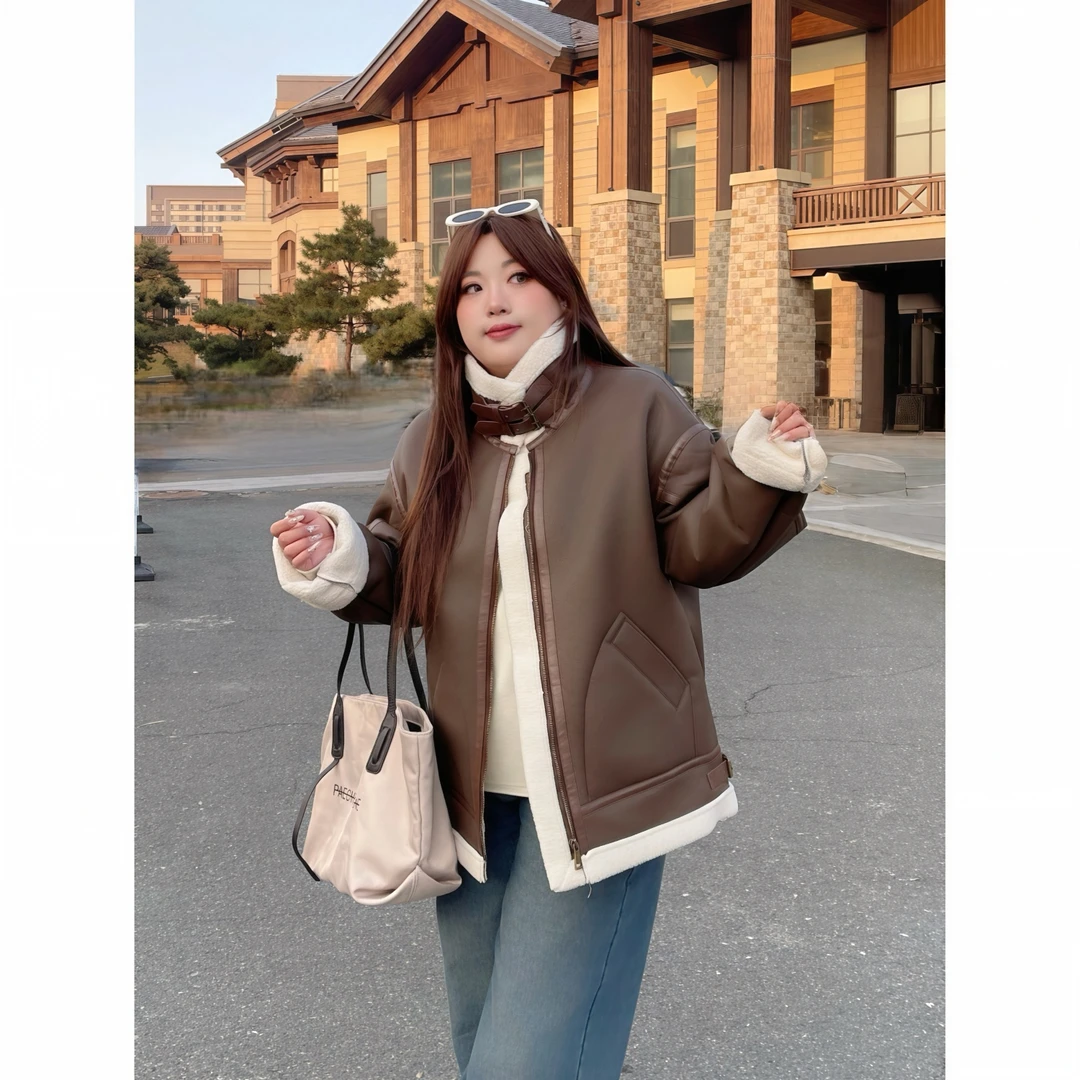 花契“柠檬蜜茶”大码女装冬季简约200斤胖mm复古毛茸茸外套15380-C