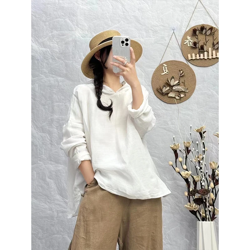 复古双层苎麻连帽套头衬衫女春夏新款文艺宽松百搭显瘦休闲卫衣