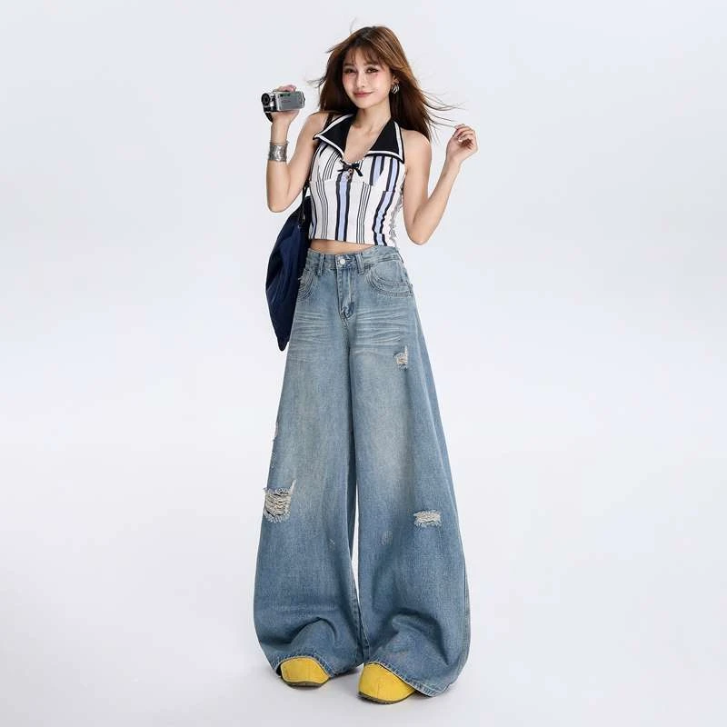 包邮美式复古重工洗水宽松破洞大阔腿拖地牛仔裤子女夏季