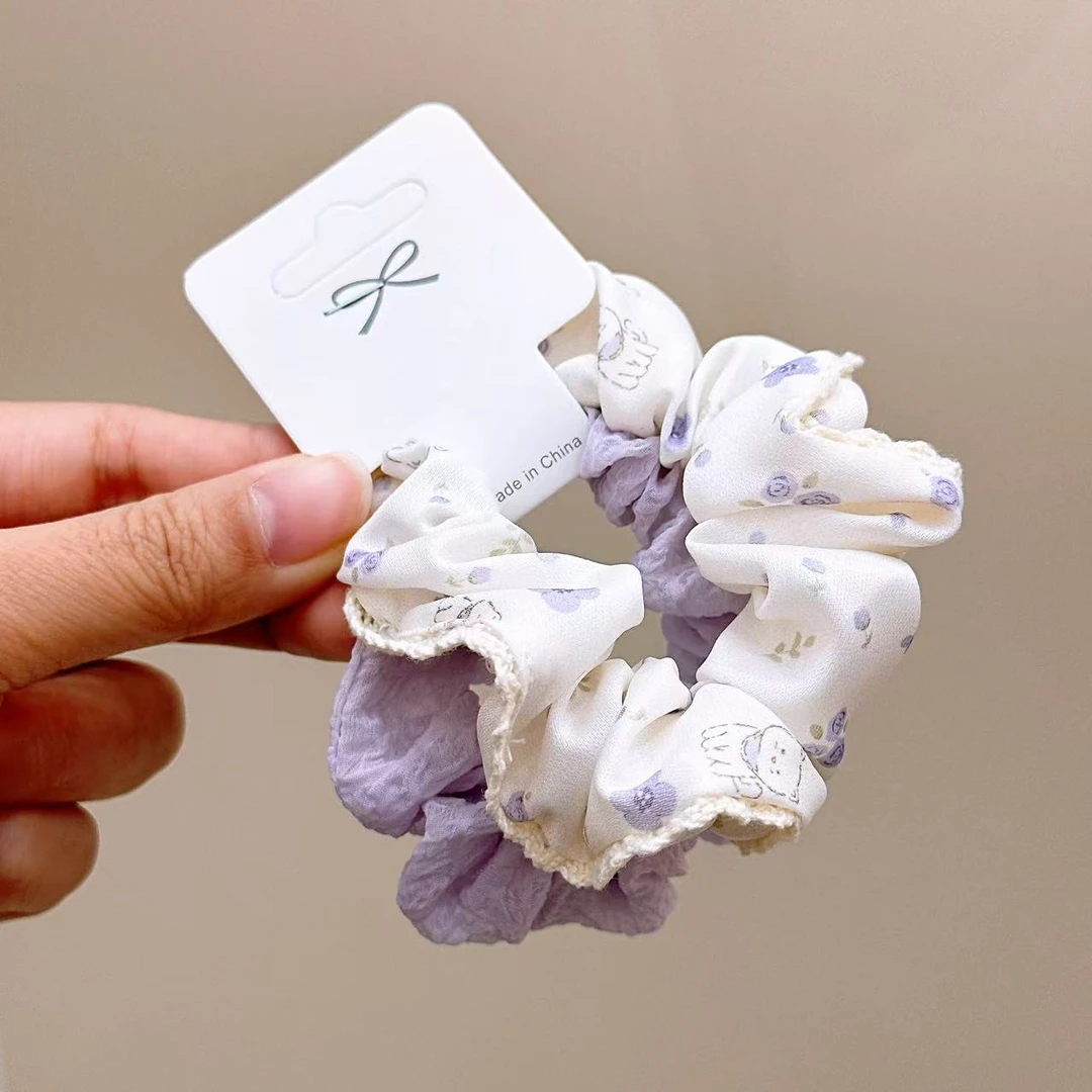 A-6668   2个紫色花花花边不伤发小清新高弹力肠圈       发圈