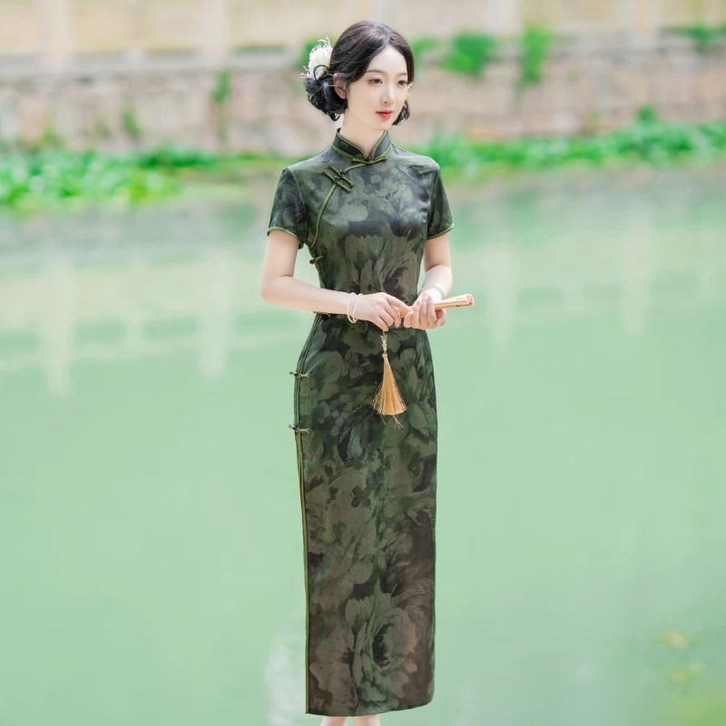 LD525深绿色牡丹花纹中国风旗袍新中式显瘦气质连衣裙春夏日常