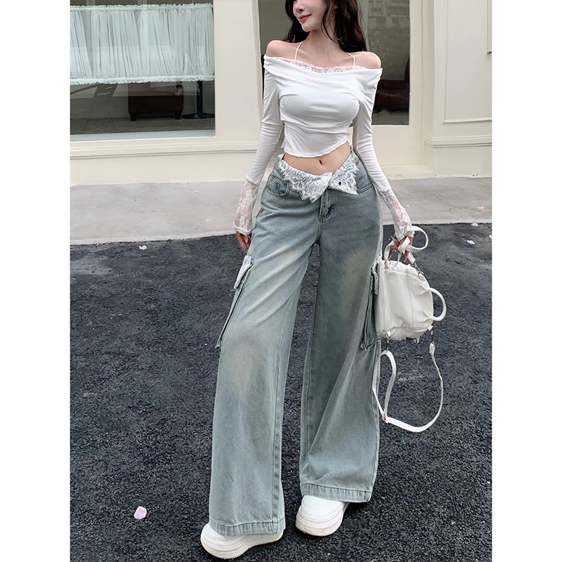高腰翻边蕾丝拼接牛仔裤女2025夏季新款宽松显瘦多口袋工装阔腿裤
