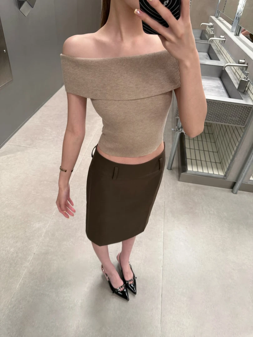 温柔气质套装低腰百搭通勤西装半身裙+一字肩修身显瘦针织衫上衣