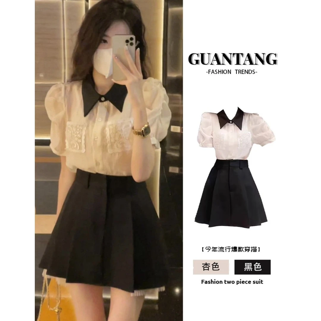 2025夏季新款名媛小香风泡泡短袖衬衫洋气短裙温柔气质穿搭两件套
