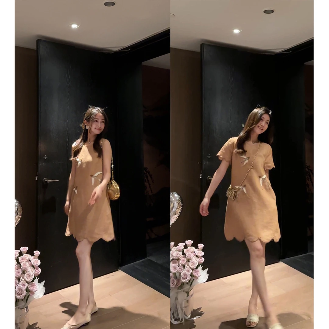 W·HAHA【燕归来】重工艺刺绣老钱风亚麻连衣裙52272