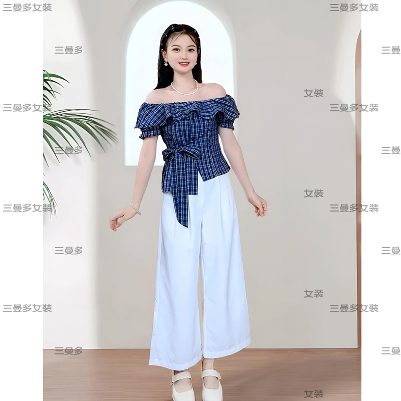 ASY/2025百搭上下套装【小个子】减龄夏季荷叶领格子两件套裤