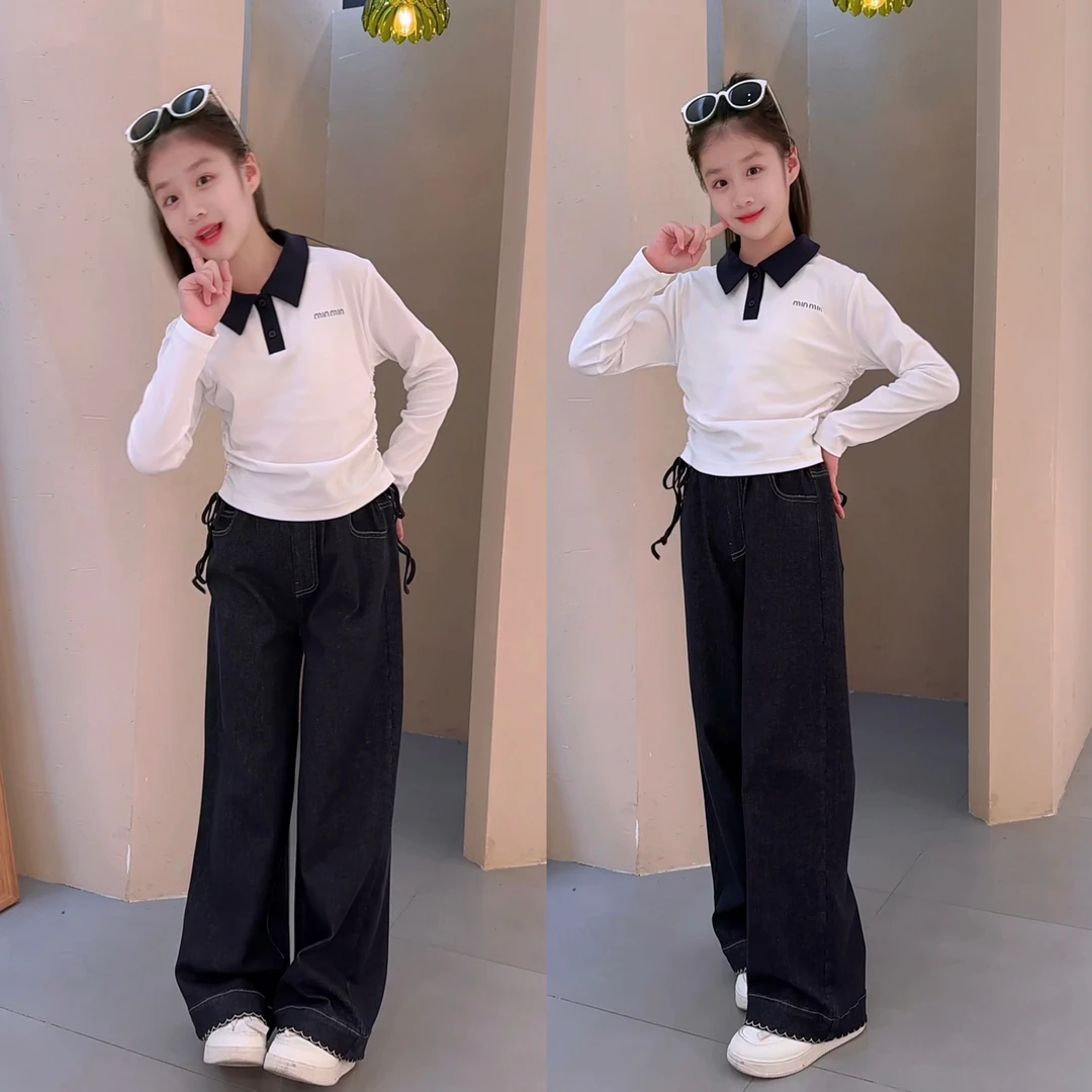 女童套装秋款2025新款时尚中大童纯色直筒牛仔裤韩版抽绳长袖上衣