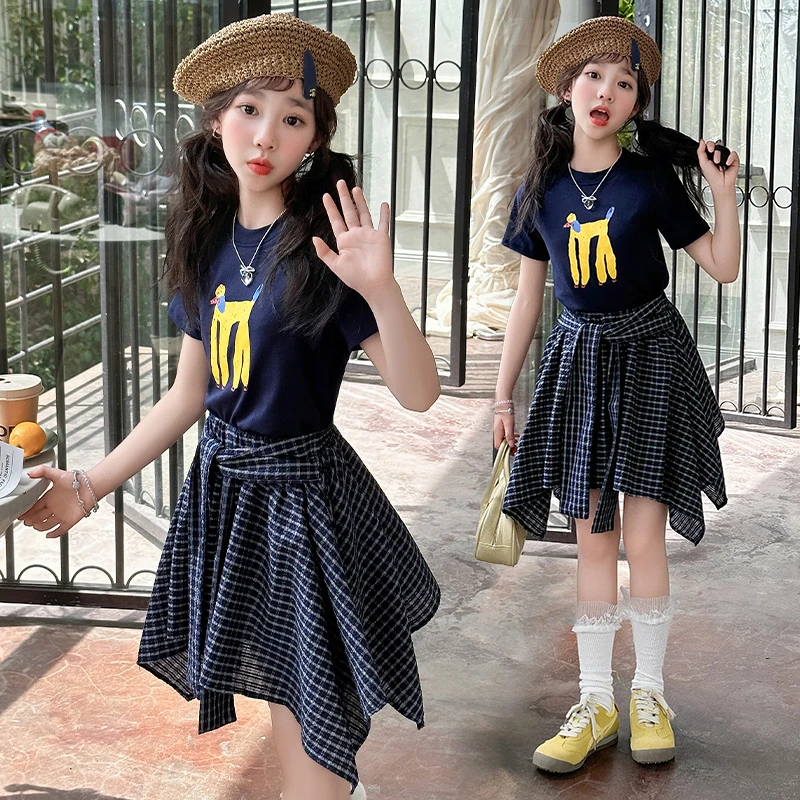 女童裙子套装2025女孩夏季薄款时髦洋气短袖T恤中大童休闲两件套