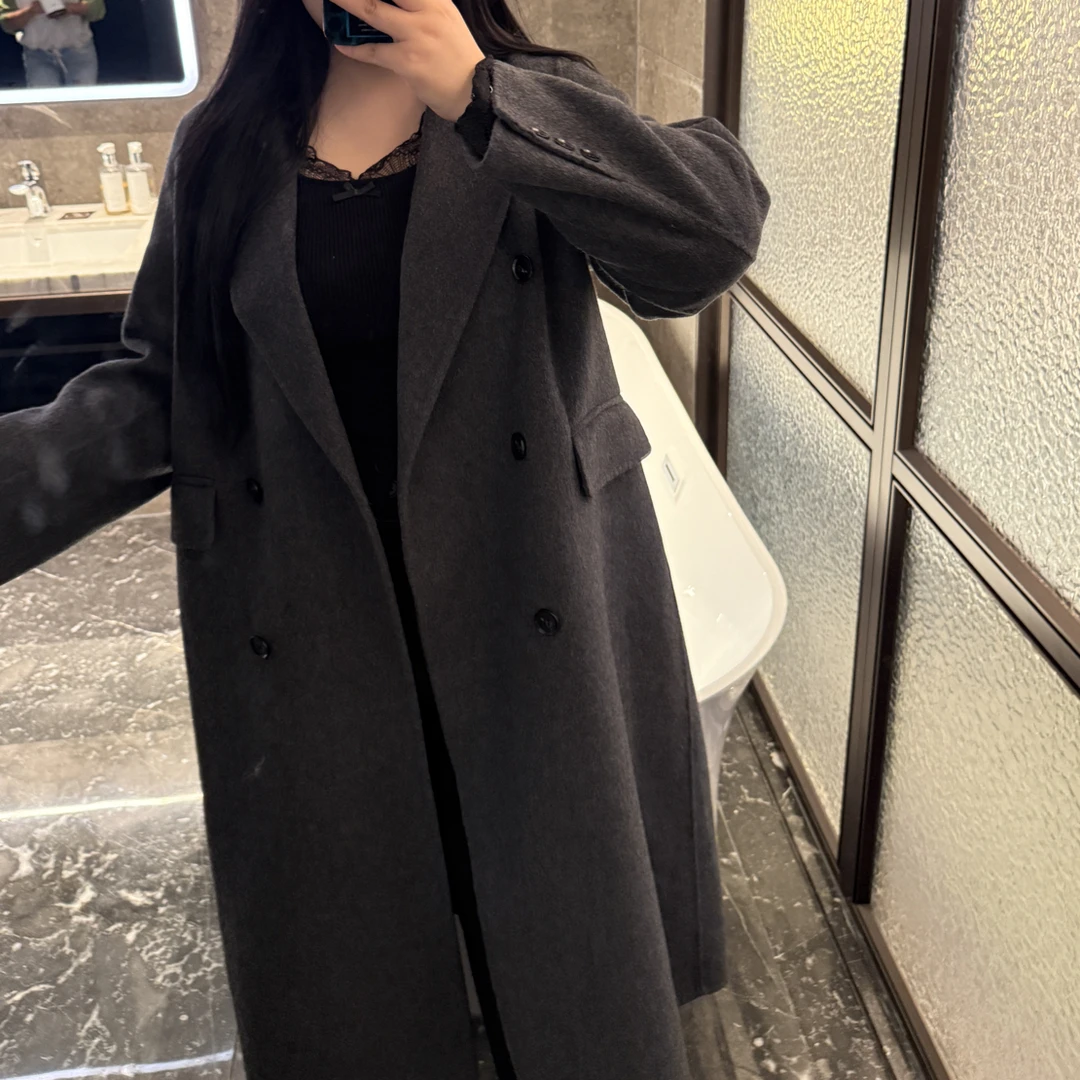 通勤正肩羊毛双面呢子中长款大衣大码通勤绵羊毛长款大衣