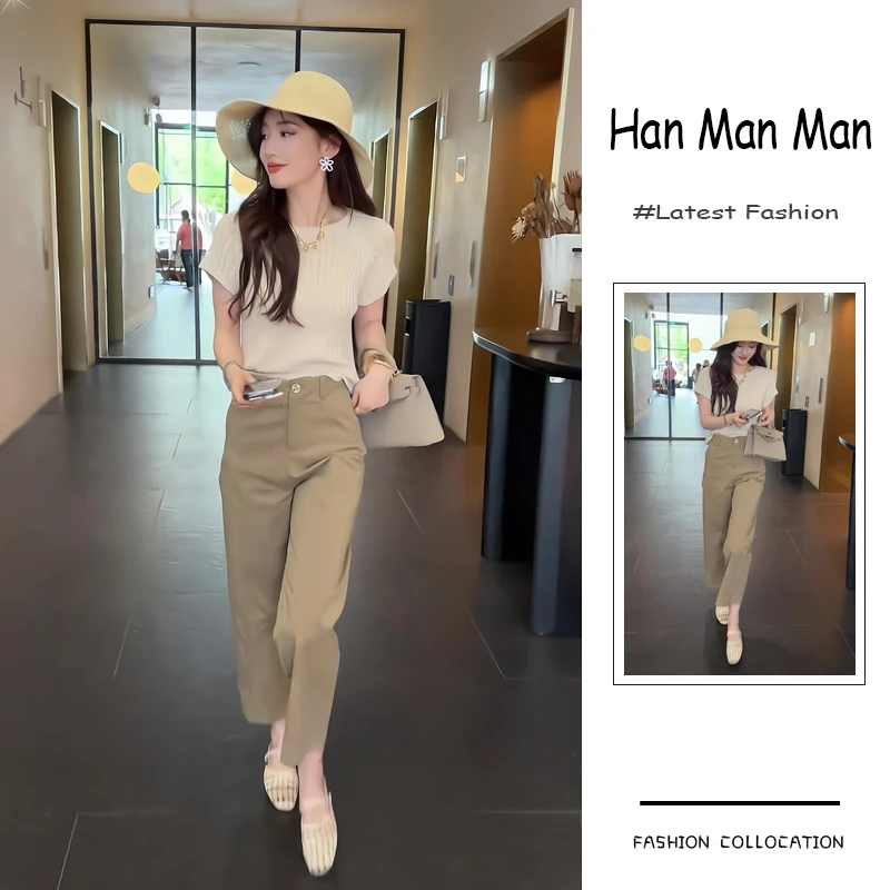 夏季流行穿搭一整套新款2025港风高级感短袖上衣高腰休闲裤两件套