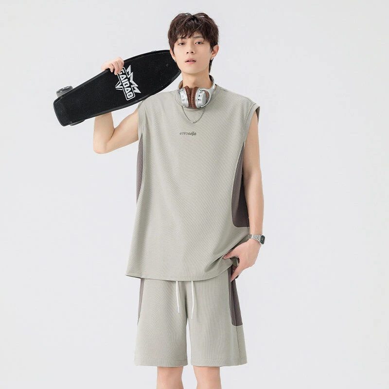 夏季薄款宽松短裤男学生休闲运动套装透气帅气无袖青年