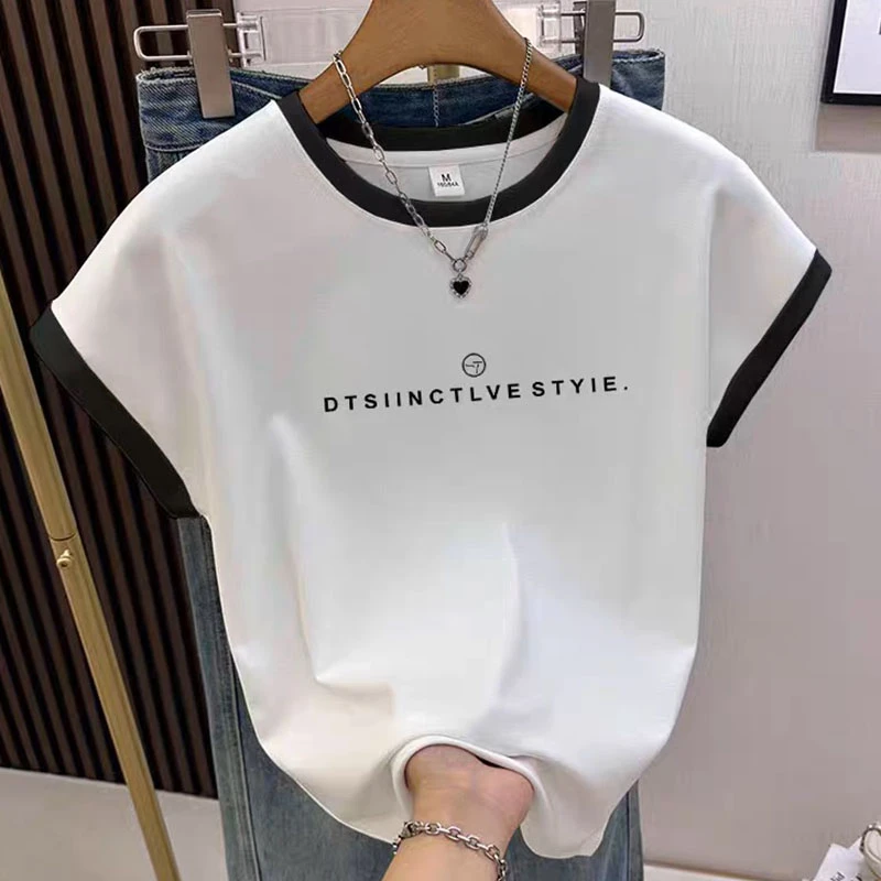 2025年新款小飞袖正肩拼色圆领短袖t恤女时尚洋气显瘦上衣打底衫