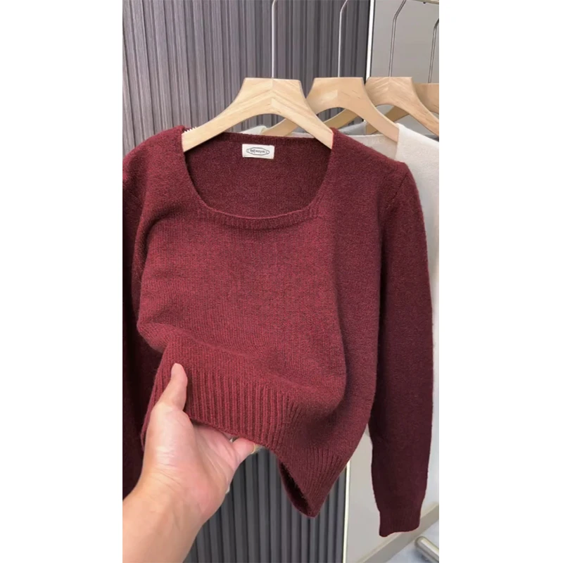 欧货2025秋冬新款复古红色纯色方领加厚毛衣针织衫短款气质长袖女