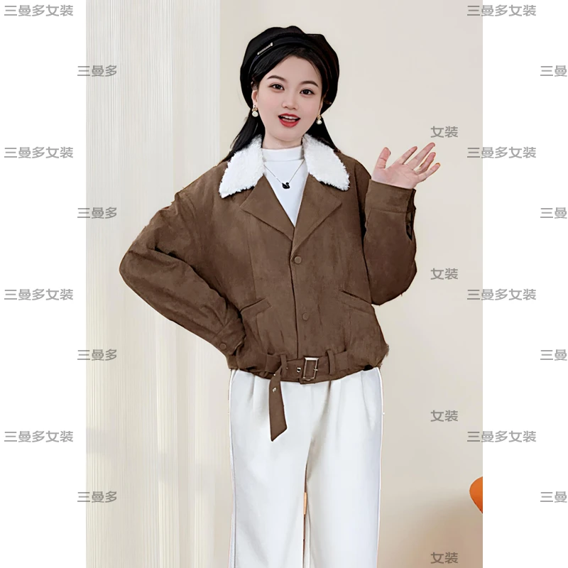 ASY/2025冬季新款保暖外套【小个子】加毛翻领麂皮绒短外套