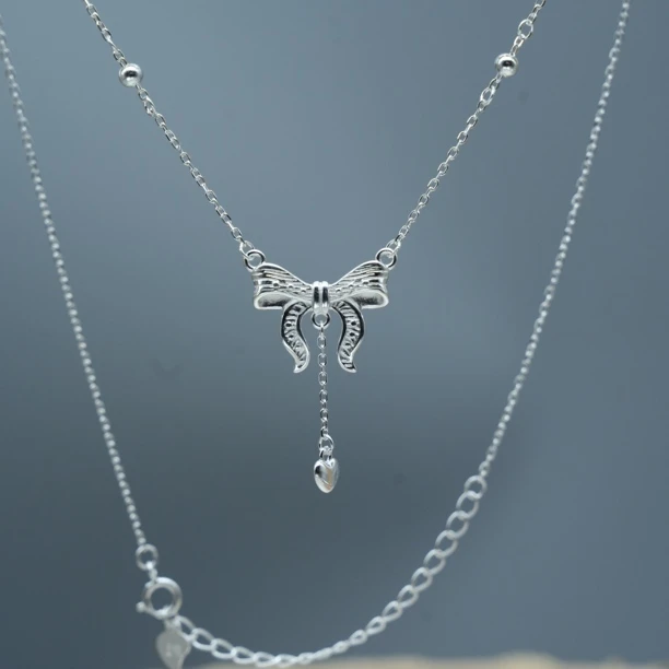 坠链均足银 足银蝴蝶结爱心流苏串珠项链仙女甜美