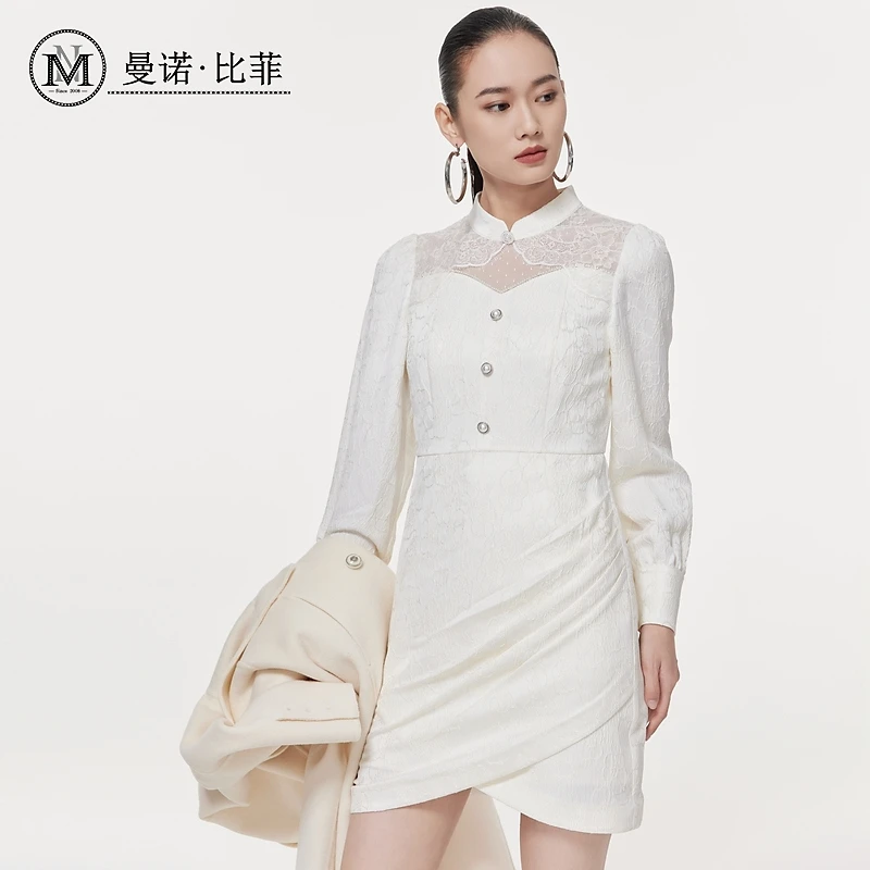 冬季商场同款网纱蕾丝连衣裙女不规则设计MEEL142067