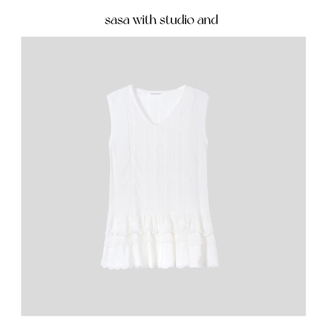 温柔甜美白色背心下摆拼接蕾丝上衣 17580