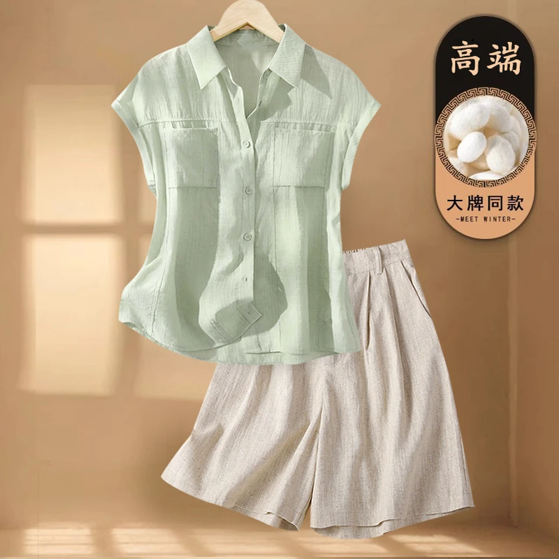 洋气时尚亚麻套装女夏季新款高端轻奢减龄苎麻衬衫休闲短裤两件套
